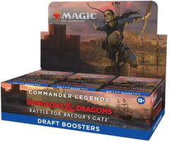 Draft a Commander Deck in the world of Dungeons & Dragons. The Commander Legends: Battle for Baldur’s Gate Draft Booster Box contains 24 Commander Legends: Battle for Baldur’s Gate Draft Boosters. Each Draft Booster contains 20 Magic cards and 1 token/ad card, with a combination of 1–4 card(s) of rarity Rare or higher (2: 37%; 3: 6%; 4: <1%), 3–6 Uncommon, and 13–15 Common cards. 1 card of any rarity is Traditional Foil. Traditional Foil Borderless Mythic Planeswalker in <1% of boosters.