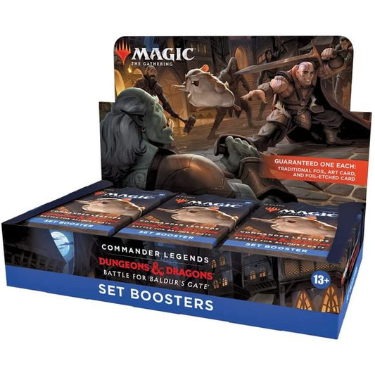 Commander Legends meets D&D in this exciting crossover set! The Commander Legends: Battle for Baldur’s Gate Set Booster Box contains 18 Commander Legends: Battle for Baldur’s Gate Set Boosters. Each Set Booster contains 15 Magic cards, 1 Art Card, and 1 token, ad card, or card from “The List” (a special card from Magic's history—found in 25% of packs). Each Set Booster includes a combination of 1–7 card(s) of rarity Rare or higher (2: 41%; 3: 28%; 4: 8%; 5: 1%; 6–7: <1%), 3–10 Uncommon cards, and 3–9 Common