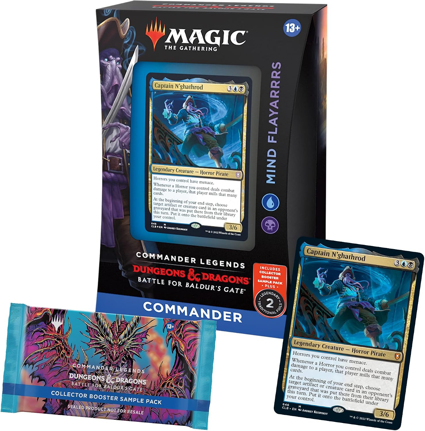 Play epic multiplayer Magic games in the world of Dungeons & Dragons. The Mind Flayarrrs Commander Legends: Battle for Baldur’s Gate Commander Deck set includes 1 ready-to-play Blue-Black deck of 100 Magic cards (3 traditional foil, 97 nonfoil), a 2-card Collector Booster Sample Pack, 1 foil-etched Display Commander (a thick cardstock copy of the commander card with foil etched into the card’s border and art), 10 double-sided tokens, 1 deck box (can hold 100 sleeved cards), 1 life tracker, and 1 reference c