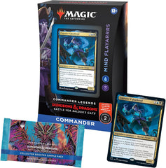 Play epic multiplayer Magic games in the world of Dungeons & Dragons. The Mind Flayarrrs Commander Legends: Battle for Baldur’s Gate Commander Deck set includes 1 ready-to-play Blue-Black deck of 100 Magic cards (3 traditional foil, 97 nonfoil), a 2-card Collector Booster Sample Pack, 1 foil-etched Display Commander (a thick cardstock copy of the commander card with foil etched into the card’s border and art), 10 double-sided tokens, 1 deck box (can hold 100 sleeved cards), 1 life tracker, and 1 reference c