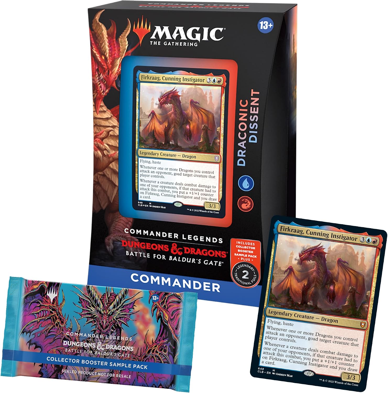 Play epic multiplayer Magic games in the world of Dungeons & Dragons. The Draconic Dissent Commander Legends: Battle for Baldur’s Gate Commander Deck set includes 1 ready-to-play Blue-Red deck of 100 Magic cards (3 traditional foil, 97 nonfoil), a 2-card Collector Booster Sample Pack, 1 foil-etched Display Commander (a thick cardstock copy of the commander card with foil etched into the card’s border and art), 10 double-sided tokens, 1 deck box (can hold 100 sleeved cards), 1 life tracker, and 1 reference c