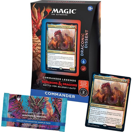 100-card ready-to-play Commander Legends: Battle for Baldur’s Gate Commander deck—Draconic Dissent
2-card Collector Booster Sample Pack
Blue-Red deck—includes 3 traditional foils + 97 nonfoil cards
1 foil-etched Display Commander, 10 double-sided tokens + life tracker and deck box
Introduces 10 MTG cards not found in the main CLB set
A flight of fury—force your enemies to attack each other, then finish them off with ferocious dragons