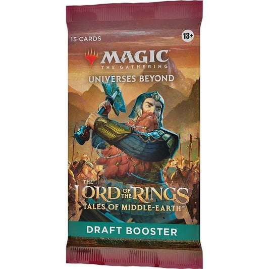 Each The Lord of the Rings: Tales of Middle-earth Draft Booster contains 15 cards and 1 token/ad card or Helper card, including 1 card of rarity Rare or higher and 3 Uncommons, 10 Commons, and 1 Land cards. Traditional Foil Borderless Mythic Rare card in <1% of boosters. Traditional Foil of any rarity replaces a Common in 33% of boosters.