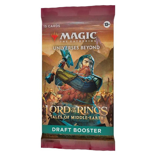 Each The Lord of the Rings: Tales of Middle-earth Draft Booster contains 15 cards and 1 token/ad card or Helper card, including 1 card of rarity Rare or higher and 3 Uncommons, 10 Commons, and 1 Land cards. Traditional Foil Borderless Mythic Rare card in <1% of boosters. Traditional Foil of any rarity replaces a Common in 33% of boosters.