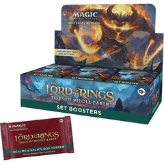 The Lord of the Rings: Tales of Middle-earth Set Booster Box contains 30 The Lord of the Rings: Tales of Middle-earth Set Boosters and 1 Traditional Foil Box Topper card. Each Set Booster contains 12 Magic cards, 1 Art Card, and 1 token/ad card, Helper card, or card from “The List” (a special card from Magic's history—found in 25% of packs). Every pack includes a combination of 1–4 card(s) of rarity Rare or higher and 3–7 Uncommon, 3–7 Common, and 1 Land cards (Full-Art Middle-earth Map Land in 50% of boost