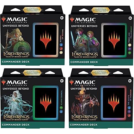PThe beloved story and characters of The Lord of the Rings meet the thrilling gameplay of Magic: The Gathering in this The Lord of the Rings-themed Commander Deck. Try out Magic’s most popular format with a deck that’s ready to play right out of the box and fight for the fate of Middle-earth.
This The Lord of the Rings: Tales of Middle-earth Commander Deck set includes 4 (1 of each) ready-to-play deck of 100 Magic cards (2 Traditional Foil Legendary Creature cards, 98 nonfoil cards), a 2-card Collector Boos
