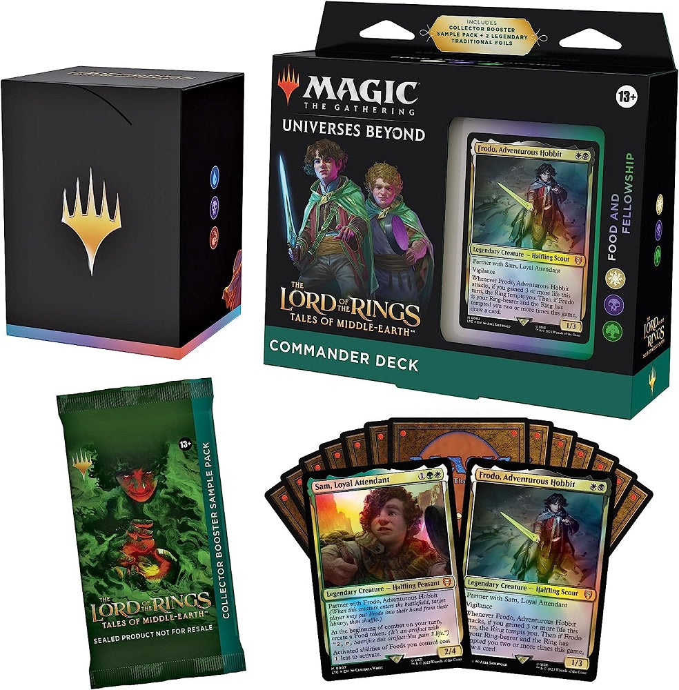 The beloved story and characters of The Lord of the Rings meet the thrilling gameplay of Magic: The Gathering in this The Lord of the Rings-themed Commander Deck. Try out Magic’s most popular format with a deck that’s ready to play right out of the box and fight for the fate of Middle-earth. The Lord of the Rings: Tales of Middle-earth Food and Fellowship Commander Deck set includes 1 ready-to-play White-Black-Green deck of 100 Magic cards (2 Traditional Foil Legendary Creature cards, 98 nonfoil cards), a 2