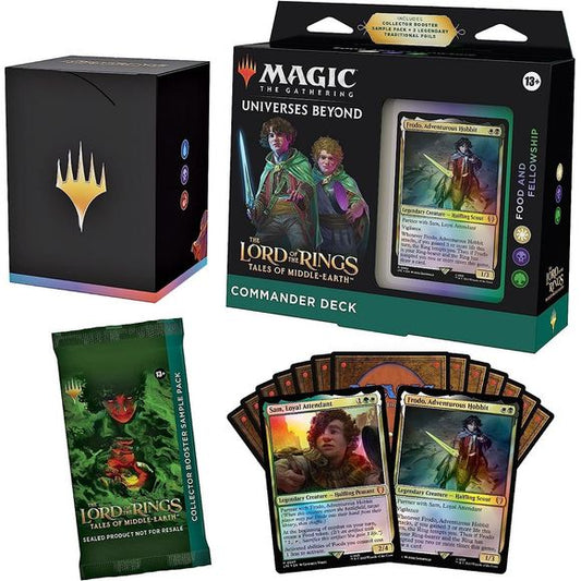 The beloved story and characters of The Lord of the Rings meet the thrilling gameplay of Magic: The Gathering in this The Lord of the Rings-themed Commander Deck. Try out Magic’s most popular format with a deck that’s ready to play right out of the box and fight for the fate of Middle-earth. The Lord of the Rings: Tales of Middle-earth Food and Fellowship Commander Deck set includes 1 ready-to-play White-Black-Green deck of 100 Magic cards (2 Traditional Foil Legendary Creature cards, 98 nonfoil cards), a 2