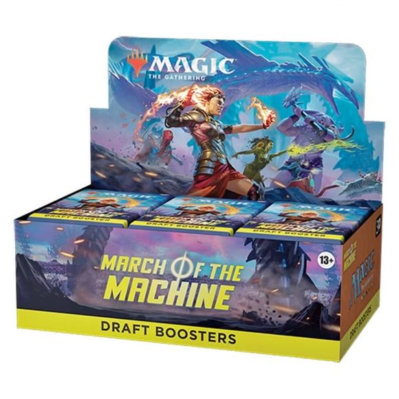 The March of the Machine Draft Booster Box contains 36 March of the Machine Draft Boosters. Each Draft Booster contains 15 cards and 1 token/ad card or Helper card, including 1-2 card(s) of rarity Rare or higher and 3-5 Uncommon, 8-9 Common, and 1 Land cards. Traditional Foil Borderless Mythic Planeswalker in 1% of boosters. Traditional Foil of any rarity replaces a Common in 33% of boosters.