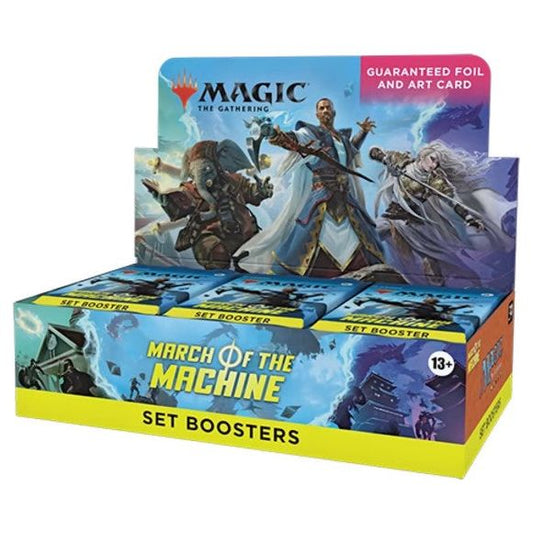 The March of the Machine Set Booster Box contains 30 March of the Machine Set Boosters. Each Set Booster contains 12 Magic cards, 1 Art Card, and 1 token/ad card, Helper card, or card from "The List" (a special card from Magic's history-found in 25% of packs). Every pack includes a combination of 1-5 card(s) of rarity Rare or higher, and 3-8 Uncommon, 2-7 Common, and 1 Land cards. 1 non-Art Card and non-Land card of any rarity is foil. Traditional Foil Borderless Mythic Planeswalker in [1% of boosters. Foil