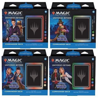 Product Configuration: 4 decks per carton, 1 of each
Travel across the universe with the Doctor and their companions in the little blue box—the TARDIS—and help them protect the universe from threats of all kinds; or take on the role of the villain and vie for intergalactic domination.
In Commander, four players come together to show their strength and strategy, with one player coming out on top. Each 100-card ready-to-play Magic: The Gathering Universes Beyond: Doctor Who™ Commander Deck makes it easy for C