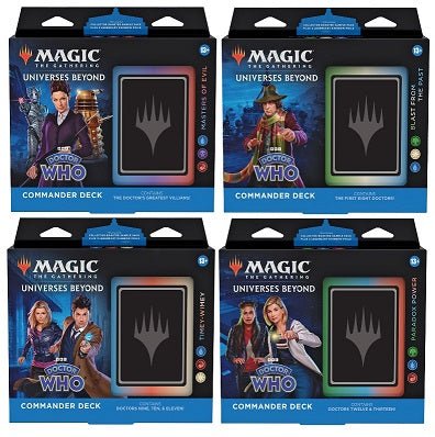 Product Configuration: 4 decks per carton, 1 of each
Travel across the universe with the Doctor and their companions in the little blue box—the TARDIS—and help them protect the universe from threats of all kinds; or take on the role of the villain and vie for intergalactic domination.
In Commander, four players come together to show their strength and strategy, with one player coming out on top. Each 100-card ready-to-play Magic: The Gathering Universes Beyond: Doctor Who™ Commander Deck makes it easy for C