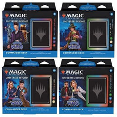 Product Configuration: 4 decks per carton, 1 of each
Travel across the universe with the Doctor and their companions in the little blue box—the TARDIS—and help them protect the universe from threats of all kinds; or take on the role of the villain and vie for intergalactic domination.
In Commander, four players come together to show their strength and strategy, with one player coming out on top. Each 100-card ready-to-play Magic: The Gathering Universes Beyond: Doctor Who™ Commander Deck makes it easy for C
