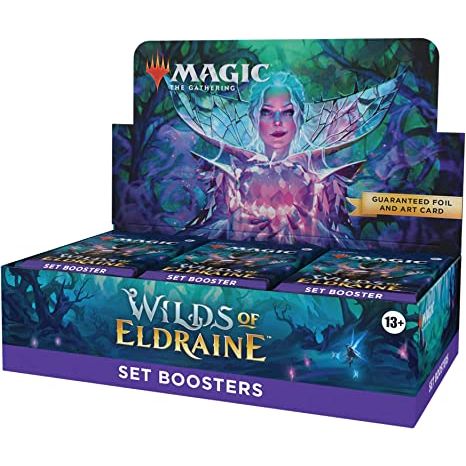 A TALE ONLY YOU CAN TELL—Venture into the untamed Wilds of Eldraine, a fairy tale-inspired world in the Magic multiverse, and free the kingdom from a curse of endless slumber
EXPLORE WITH SET BOOSTERS—Set Boosters are specifically designed for a fun pack-opening experience, with at least 1 Rare or Mythic Rare card and at least 1 card with a shining foil treatment in every pack
FAIRY-TALE INSPIRED CARDS + ART CARD—Each Set Booster contains 12 cards with art and mechanics inspired by storybook themes plus an