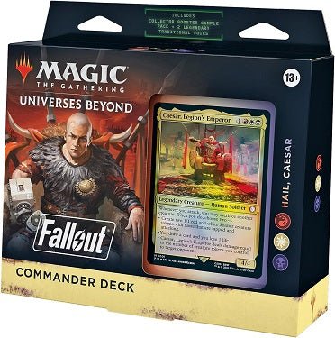 Battle your fellow wastelanders for survival as the Fallout series joins with Magic’s most popular multiplayer format. The Hail Caesar Commander Deck includes 1 ready-to-play Red-White-Black deck of 100 Magic cards (2 Traditional Foil Legendary cards, 98 nonfoil cards), a Collector Booster Sample Pack (contains 2 Traditional Foil or nonfoil special treatment cards, with 1 Extended-Art card of rarity Rare or higher and 1 alt-art, alt-frame card of rarity Uncommon or higher), 1 foil-etched Display Commander (