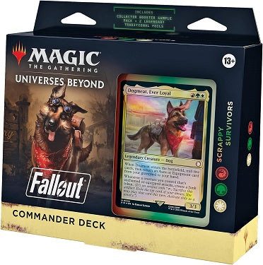 Battle your fellow wastelanders for survival as the Fallout series joins with Magic’s most popular multiplayer format. The Scrappy Survivors Commander Deck includes 1 ready-to-play Red-Green-White deck of 100 Magic cards (2 Traditional Foil Legendary cards, 98 nonfoil cards), a Collector Booster Sample Pack (contains 2 Traditional Foil or nonfoil special treatment cards, with 1 Extended-Art card of rarity Rare or higher and 1 alt-art, alt-frame card of rarity Uncommon or higher), 1 foil-etched Display Comma