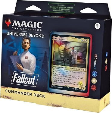 Battle your fellow wastelanders for survival as the Fallout series joins with Magic’s most popular multiplayer format. The Science! Commander Deck includes 1 ready-to-play Blue-White-Red deck of 100 Magic cards (2 Traditional Foil Legendary cards, 98 nonfoil cards), a Collector Booster Sample Pack (contains 2 Traditional Foil or nonfoil special treatment cards, with 1 Extended-Art card of rarity Rare or higher and 1 alt-art, alt-frame card of rarity Uncommon or higher), 1 foil-etched Display Commander (a th