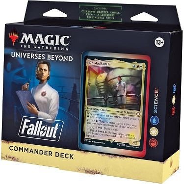 Battle your fellow wastelanders for survival as the Fallout series joins with Magic’s most popular multiplayer format. The Science! Commander Deck includes 1 ready-to-play Blue-White-Red deck of 100 Magic cards (2 Traditional Foil Legendary cards, 98 nonfoil cards), a Collector Booster Sample Pack (contains 2 Traditional Foil or nonfoil special treatment cards, with 1 Extended-Art card of rarity Rare or higher and 1 alt-art, alt-frame card of rarity Uncommon or higher), 1 foil-etched Display Commander (a th