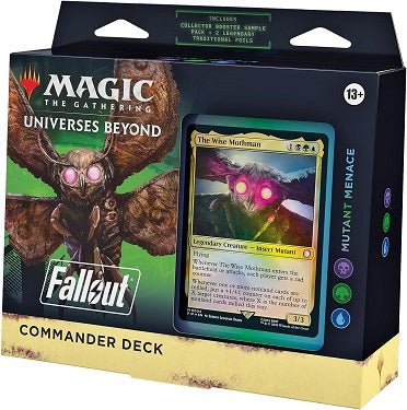 Battle your fellow wastelanders for survival as the Fallout series joins with Magic’s most popular multiplayer format. The Mutant Menace Commander Deck includes 1 ready-to-play Black-Green-Blue deck of 100 Magic cards (2 Traditional Foil Legendary cards, 98 nonfoil cards), a Collector Booster Sample Pack (contains 2 Traditional Foil or nonfoil special treatment cards, with 1 Extended-Art card of rarity Rare or higher and 1 alt-art, alt-frame card of rarity Uncommon or higher), 1 foil-etched Display Commande