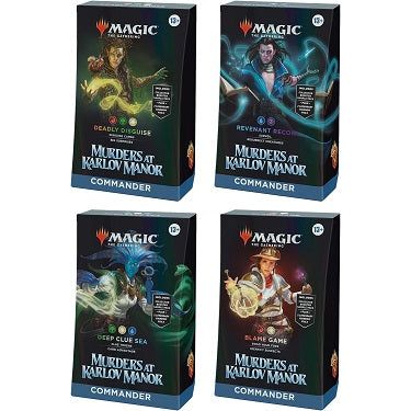 This bundle includes all 4 Murders at Karlov Manor Commander Decks—Deadly Disguise, Revenant Recon, Deep Clue Sea, and Blame Game. Each deck set includes 1 ready-to-play deck of 100 Magic cards (2 Traditional Foil Legendary cards, 98 nonfoil cards), a 2-card Collector Booster Sample Pack (contains 1 Traditional Foil or Nonfoil alt-border card of rarity Rare or higher and 1 Traditional Foil Borderless Common or Uncommon card), 1 foil-etched Display Commander (a thick cardstock copy of the commander card with