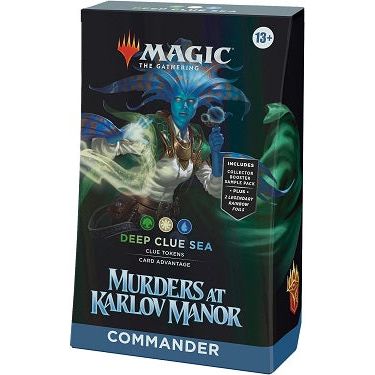 Though she recently left the Simic Combine, vedalken detective Morska gained aquatic adaptations to crack open cases like clamshells. Join her investigation with a deck that’s ready to play right out of the box and experience Magic: The Gathering’s most popular multiplayer format. The Murders at Karlov Manor Deep Clue Sea Commander Deck includes 1 Green-White-Blue deck of 100 Magic cards (2 Traditional Foil Legendary cards, 98 nonfoil cards), a 2-card Collector Booster Sample Pack (contains 1 Traditional Fo