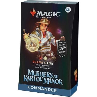 Nelly is a young sergeant for the Agency and the Boros Legion—but her brashness means she’s more instigator than investigator. Help her identify suspects with a deck that’s ready to play right out of the box and experience Magic: The Gathering’s most popular multiplayer format. The Murders at Karlov Manor Blame Game Commander Deck includes 1 Red-White deck of 100 Magic cards (2 Traditional Foil Legendary cards, 98 nonfoil cards), a 2-card Collector Booster Sample Pack (contains 1 Traditional Foil or Nonfoil