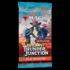 In Outlaws of Thunder Junction, your players will join Oko's crew of deadly desperados as they plot a heist in the frontier world of Thunder Junction. They'll face harsh deserts, hostile critters, and even rival outlaws—but with grit and gumption, they'll ride off into the sunset.
Play Boosters are the ideal booster for the play environment—especially Limited format events. Plus, they're a thrilling pack-opening experience, providing players the opportunity to snag multiple Rare cards or even a possible Bo