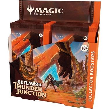 Ride off into the sunset with an Outlaws of Thunder Junction Collector Booster Box full of treasures. In this box you’ll find 12 Outlaws of Thunder Junction Collector Boosters, each containing 15 Magic: The Gathering cards and 1 Traditional Foil double-sided token, with 5 cards of rarity Rare or higher and 5 Uncommon, 4 Common, and 1 Full-Art Western Landscape Land cards in every pack. Every booster contains 6 alt-border cards, a total of 10–12 shining Traditional Foil cards, and may even contain a card wit