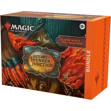 This Outlaws of Thunder Junction Bundle contains 9 Outlaws of Thunder Junction Play Boosters, plus 1 Traditional Foil card with Bundle-exclusive alternate-art, 15 Traditional Foil Basic Land cards (including 5 foil Full-Art Western Lands), 15 nonfoil Basic Land cards (including 5 nonfoil Full-Art Western Lands), 1 oversized Spindown life counter, 1 card storage box, and 2 reference cards. Each Play Booster contains 14 Magic: The Gathering cards and 1 Token/Ad card or Art card, with a combination of 1–5 card