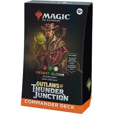 After fleeing his old life, Yuma finds new purpose caring for an infant cactusfolk. Join him and his cactus friends to weed out your opponents with a deck that’s ready to play right out of the box and experience Magic: The Gathering’s most popular multiplayer format. The Outlaws of Thunder Junction Desert Bloom Commander Deck includes 1 Red-Green-White deck of 100 Magic cards (2 Traditional Foil Legendary cards, 98 nonfoil cards), a 2-card Collector Booster Sample Pack (contains 1 Traditional Foil or nonfoi