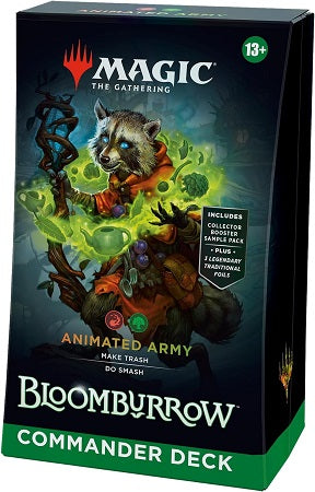 Battle your friends in epic multiplayer battles with a Red-Green deck that’s ready to play right out of the box. This Bloomburrow Animated Army Commander Deck includes 1 deck of 100 Magic cards (3 Traditional Foil cards, 97 nonfoil cards), a 2-card Collector Booster Sample Pack (contains 1 Traditional Foil or nonfoil alt-border card of rarity Rare or higher and 1 Traditional Foil Uncommon card), 10 double-sided tokens, 1 deck box (can hold 100 sleeved cards), 1 Life Wheel, 1 strategy insert, and 1 reference