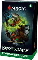 Battle your friends in epic multiplayer battles with a Red-Green deck that’s ready to play right out of the box. This Bloomburrow Animated Army Commander Deck includes 1 deck of 100 Magic cards (3 Traditional Foil cards, 97 nonfoil cards), a 2-card Collector Booster Sample Pack (contains 1 Traditional Foil or nonfoil alt-border card of rarity Rare or higher and 1 Traditional Foil Uncommon card), 10 double-sided tokens, 1 deck box (can hold 100 sleeved cards), 1 Life Wheel, 1 strategy insert, and 1 reference