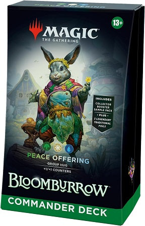 Battle your friends in epic multiplayer battles with a Green-White-Blue deck that’s ready to play right out of the box. This Bloomburrow Peace Offering Commander Deck includes 1 deck of 100 Magic cards (3 Traditional Foil cards, 97 nonfoil cards), a 2-card Collector Booster Sample Pack (contains 1 Traditional Foil or nonfoil alt-border card of rarity Rare or higher and 1 Traditional Foil Uncommon card), 10 double-sided tokens, 1 deck box (can hold 100 sleeved cards), 1 Life Wheel, 1 strategy insert, and 1 r