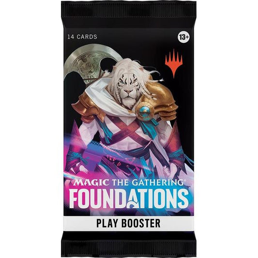 The best time for your community's first Magic game is now. Dive into Foundations, and experience quintessential Magic: The Gathering by playing with and collecting cards selected to give every player the advantage. Whether a past, present, or future Magic player, Foundations invite you to share your spark!
Play Boosters are the best way to discover all that Magic has to offer. Construct a deck out of your favorite color combinations, draft packs with friends, and open gorgeous Borderless cards—plus you ca