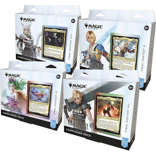 4 Magic: The Gathering—FINAL FANTASY Commander Deck: Collector's Edition (FINAL FANTASY VI, FINAL FANTASY VII, FINAL FANTASY X, and FINAL FANTASY XIV); each Commander Deck contains:
• 1 ready-to-play deck of 100 Magic cards in Surge Foil treatment
• 2-card Collector Booster Sample Pack
• 25 new-to-Magiccards in each deck
• 10 double-sided tokens in 3 of the decks; one deck will contain 6 double-sided tokens and 4 punch-out counter cards
• 1 deck box (can hold 100 sleeved cards)
• 1 strategy insert
• 1 refer