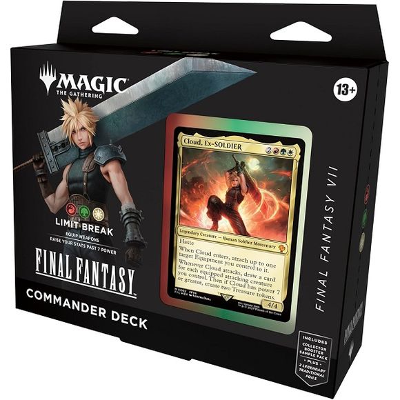 Release Date: 06/13/2025
The Limit Break deck features cards themed around FINAL FANTASY VII. Land cards may appear from other FINAL FANTASY games. Includes 1 deck of 100 Magic cards (98 nonfoil cards and 2 Traditional Foil Legendary cards), a 2-card Collector Booster Sample Pack (contains 2 alt-border cards of rarity Rare or higher, at least 1 of which is Traditional Foil), 10 double-sided token cards, 1 deck box (can hold 100 sleeved cards), 1 strategy insert, and 1 reference card. This product does not c
