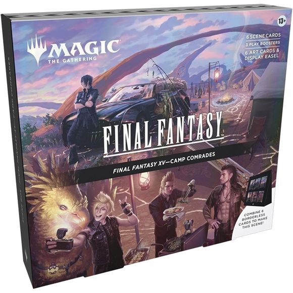 This Magic: The Gathering—FINAL FANTASY Scene Box, Camp Comrades, contains 6 Traditional Foil Borderless Scene Cards, 6 Art-Only Scene Cards, 3 Play Boosters, and a paper display easel. Each Play Booster contains 14 Magic: The Gathering cards, including 1–4 cards of rarity Rare or higher, 3–6 Uncommon cards, 6–9 Common cards, and 1 Land card. One card of any rarity is Traditional Foil. The Land card is also Traditional Foil in 20% of Play Boosters. This product does not contain a Golden Chocobo card (availa