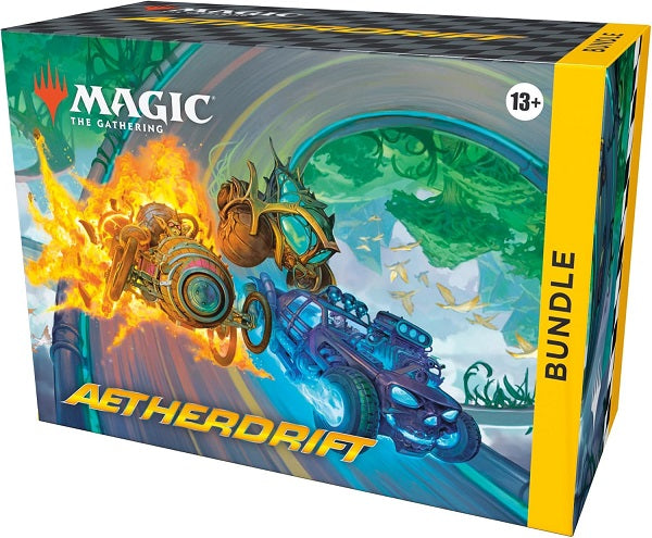 Release Date: 02/14/2025
Put the pedal to the metal and feel the adrenaline with a box full of Aetherdrift cards and exclusive accessories. This Bundle contains 9 Aetherdrift Play Boosters, plus 1 Traditional Foil card with Bundle-exclusive alternate-art, 20 Traditional Foil and 20 nonfoil Land cards, 1 oversized Spindown life counter, 1 card storage box, and 2 reference cards. Each Play Booster contains 14 Magic: The Gathering cards, including 1–4 cards of rarity Rare or higher and at least 1 Traditional F