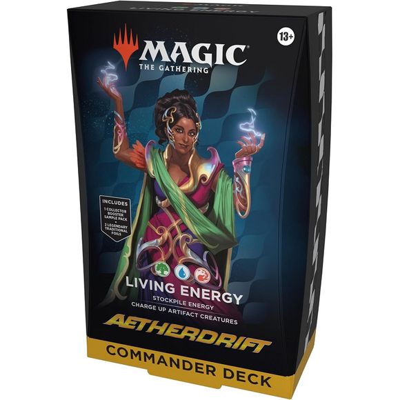 Battle your friends with powerful creatures and spectacular spells in Commander, Magic’s most popular multiplayer format. This Aetherdrift Living Energy Commander Deck includes 1 deck of 100 Magic cards (98 nonfoil cards and 2 Traditional Foil Borderless Legendary cards), a 2-card Collector Booster Sample Pack (contains 1 Traditional Foil or nonfoil alt-border card of rarity Rare or higher and 1 Traditional Foil Uncommon card), 10 double-sided tokens, 1 deck box (can hold 100 sleeved cards), 1 strategy inse