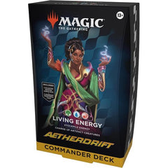 Battle your friends with powerful creatures and spectacular spells in Commander, Magic’s most popular multiplayer format. This Aetherdrift Living Energy Commander Deck includes 1 deck of 100 Magic cards (98 nonfoil cards and 2 Traditional Foil Borderless Legendary cards), a 2-card Collector Booster Sample Pack (contains 1 Traditional Foil or nonfoil alt-border card of rarity Rare or higher and 1 Traditional Foil Uncommon card), 10 double-sided tokens, 1 deck box (can hold 100 sleeved cards), 1 strategy inse