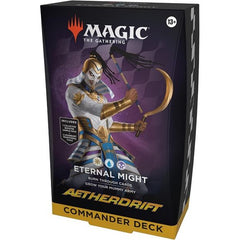 Battle your friends with powerful creatures and spectacular spells in Commander, Magic’s most popular multiplayer format. This Aetherdrift Eternal Might Commander Deck includes 1 deck of 100 Magic cards (98 nonfoil cards and 2 Traditional Foil Borderless Legendary cards), a 2-card Collector Booster Sample Pack (contains 1 Traditional Foil or nonfoil alt-border card of rarity Rare or higher and 1 Traditional Foil Uncommon card), 10 double-sided tokens, 1 deck box (can hold 100 sleeved cards), 1 strategy inse