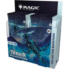 Contains: 12 Tarkir: Dragonstorm Collector Booster Packs. Each Collector Booster contains 15 Magic: The Gathering cards
Each Collector booster may contain these cards: TDM 1–276, 287–419; TDC 1–10, 51-90; SPG 104–118
Each Collector Booster includes 9–11 Traditional Foil cards
5 cards of rarity Rare or higher
3–5 Uncommon
4–6 Common
1 Land card
Headliner card in <1% of boosters