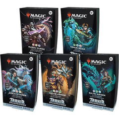 Battle your friends with powerful creatures and spectacular spells in Commander, Magic’s most popular multiplayer format. Challenge your friends or try each unique playstyle with this bundle of all 5 Tarkir: Dragonstorm decks— Abzan Armor, Jeskai Striker, Sultai Arisen, Mardu Surge, and Temur Roar. Each 100-card deck contains 98 nonfoil cards and 2 Traditional Foil Borderless Legendary cards. Each deck also comes with a 2-card Collector Booster Sample Pack (contains 1 Traditional Foil or nonfoil alt-border