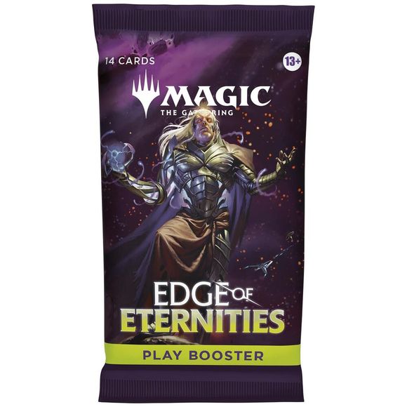 Contents:
• 14 Magic: The Gathering cards
• Play Boosters may contain these cards: EOE 1–316; EOS 1–45; SPG 119–128
• Includes 1–4 cards of rarity Rare or higher (2: 30%; 3: 3%; 4: <1%) and 3–5 Uncommon, 6–9 Common, and 1 Land cards
• 1 card of any rarity is Traditional Foil
• Foil Borderless Mythic in <1% of boosters
• Traditional Foil Land replaces a Land in 20% of boosters