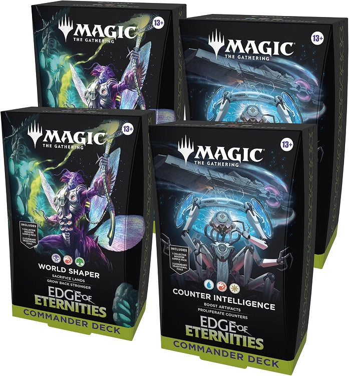 This bundle includes 2 of each Edge of Eternities Commander Deck, with 2 World Shaper decks and 2 Counter Intelligence decks. Each includes 1 deck of 100 Magic cards (98 nonfoil cards and 2 Traditional Foil Borderless Legendary cards), a 2-card Collector Booster Sample Pack (contains 1 Traditional Foil or nonfoil alt-border card of rarity Rare or higher and 1 Traditional Foil Uncommon card), double-sided token cards (10 in Counter Intelligence and 6 in World Shaper), 1 deck box (can hold 100 sleeved cards),