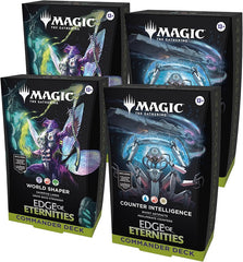 This bundle includes 2 of each Edge of Eternities Commander Deck, with 2 World Shaper decks and 2 Counter Intelligence decks. Each includes 1 deck of 100 Magic cards (98 nonfoil cards and 2 Traditional Foil Borderless Legendary cards), a 2-card Collector Booster Sample Pack (contains 1 Traditional Foil or nonfoil alt-border card of rarity Rare or higher and 1 Traditional Foil Uncommon card), double-sided token cards (10 in Counter Intelligence and 6 in World Shaper), 1 deck box (can hold 100 sleeved cards),