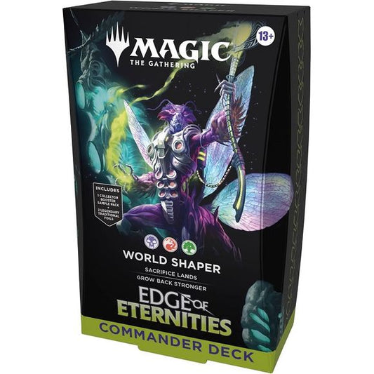 Battle your friends with powerful creatures and spectacular spells in Commander, Magic’s most popular multiplayer format. This Edge of Eternities World Shaper Commander Deck includes 1 deck of 100 Magic cards (98 nonfoil cards and 2 Traditional Foil Borderless Legendary cards), a 2-card Collector Booster Sample Pack (contains 1 Traditional Foil or nonfoil alt-border card of rarity Rare or higher and 1 Traditional Foil Uncommon card), 6 double-sided token cards, 4 punchout counters, 1 deck box (can hold 100