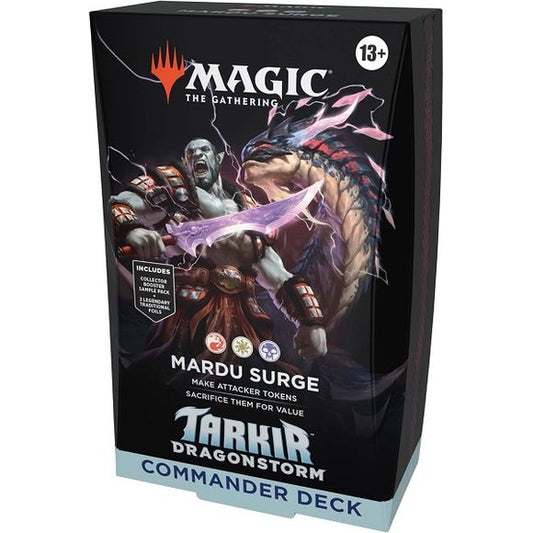 Release Date: 04/11/2025
Battle your friends with powerful creatures and spectacular spells in Commander, Magic’s most popular multiplayer format. This Tarkir: Dragonstorm Mardu Surge Commander Deck includes 1 Red-White-Black deck of 100 Magic cards (98 nonfoil cards and 2 Traditional Foil Borderless Legendary cards), a 2-card Collector Booster Sample Pack (contains 1 Traditional Foil or nonfoil alt-border card of rarity Rare or higher and 1 Traditional Foil Uncommon card), 10 double-sided tokens, 1 deck bo