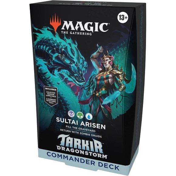 Release Date: 04/11/2025
Battle your friends with powerful creatures and spectacular spells in Commander, Magic’s most popular multiplayer format. This Tarkir: Dragonstorm Sultai Arisen Commander Deck includes 1 Black-Green-Blue deck of 100 Magic cards (98 nonfoil cards and 2 Traditional Foil Borderless Legendary cards), a 2-card Collector Booster Sample Pack (contains 1 Traditional Foil or nonfoil alt-border card of rarity Rare or higher and 1 Traditional Foil Uncommon card), 10 double-sided tokens, 1 deck