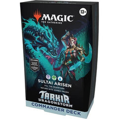 Release Date: 04/11/2025
Battle your friends with powerful creatures and spectacular spells in Commander, Magic’s most popular multiplayer format. This Tarkir: Dragonstorm Sultai Arisen Commander Deck includes 1 Black-Green-Blue deck of 100 Magic cards (98 nonfoil cards and 2 Traditional Foil Borderless Legendary cards), a 2-card Collector Booster Sample Pack (contains 1 Traditional Foil or nonfoil alt-border card of rarity Rare or higher and 1 Traditional Foil Uncommon card), 10 double-sided tokens, 1 deck